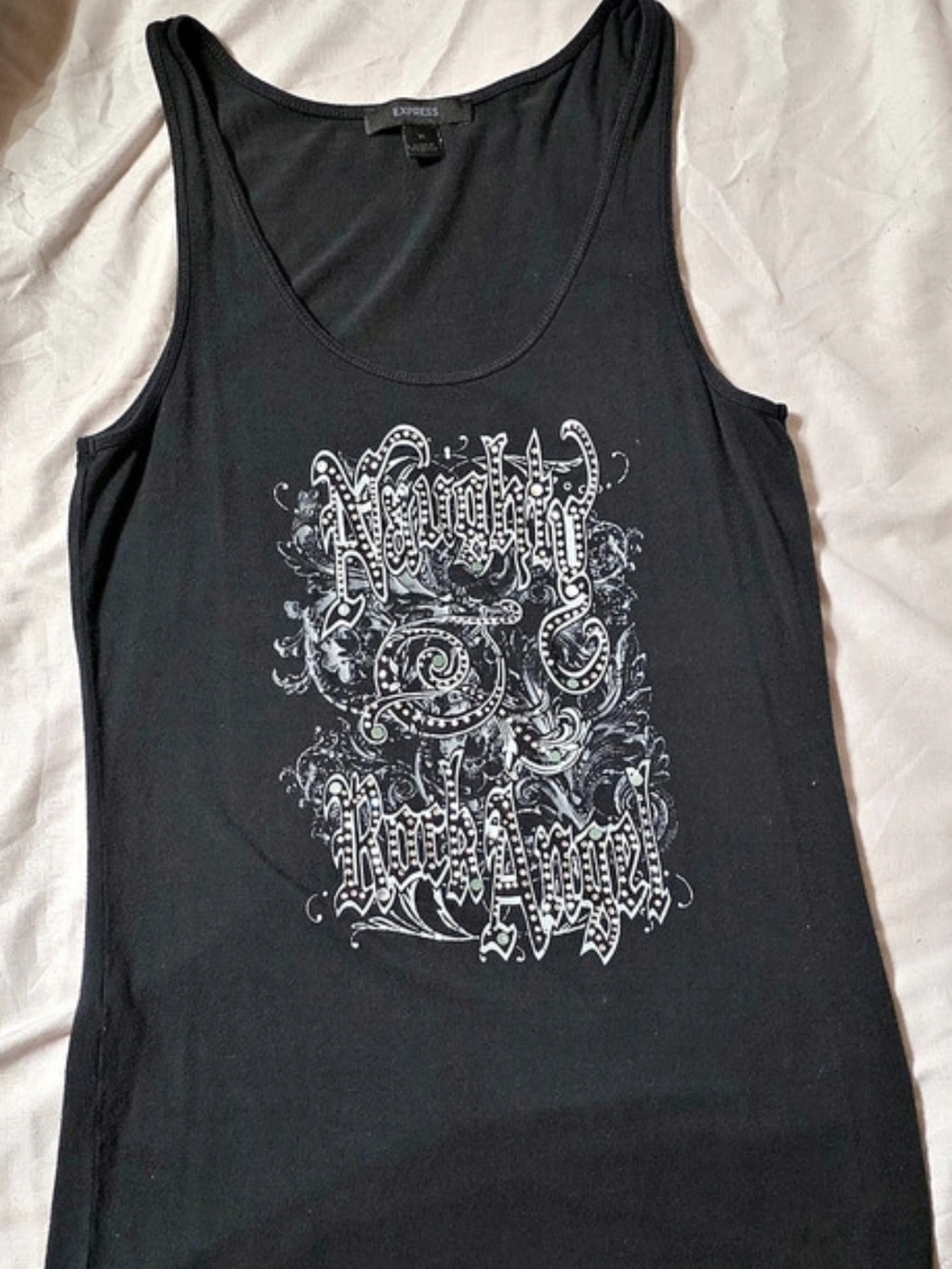 Vintage 2006 Express Naughty Rock Angel Rhinestone Tank Top Black M Y2K Grunge